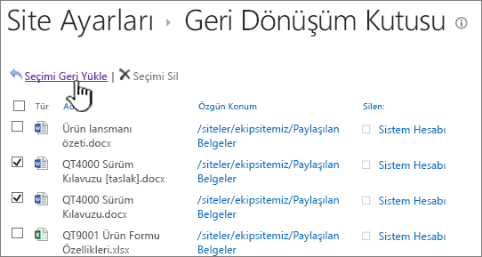 SharePoint 2013 geri yükle düğmesinin vurgulandığı ikinci düzey geri dönüşüm kutusu