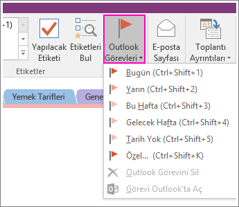 OneNote 2016’da Outlook Görevleri düğmesinin ekran görüntüsü.