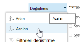 Sütun başlığında açılan sıralama menüsü