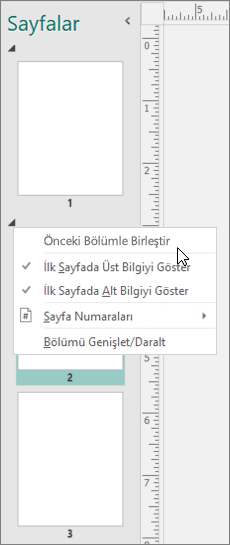 Ekran görüntüsünde, imleç Önceki Bölümle Birleştir seçeneğinin üzerindeyken seçili bir bölüm gösterilir.