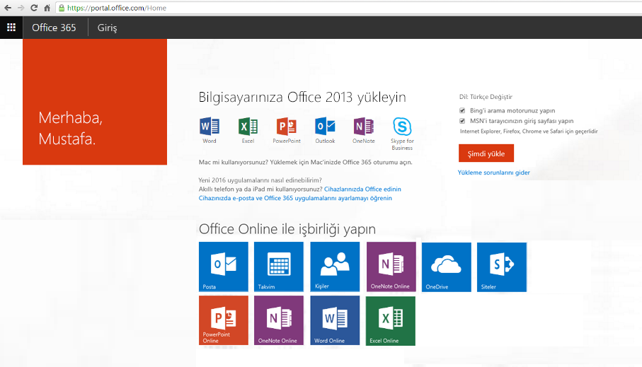 Bilgisayara Office 365'in nasıl yükleneceğini gösteren ekran görüntüsü.