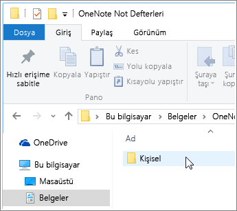 OneNote not defteri klasörünün göründüğü Windows Belgeler klasörü