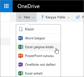 OneDrive'ın Yeni menüsü, Excel Çalışma Kitabı komutu