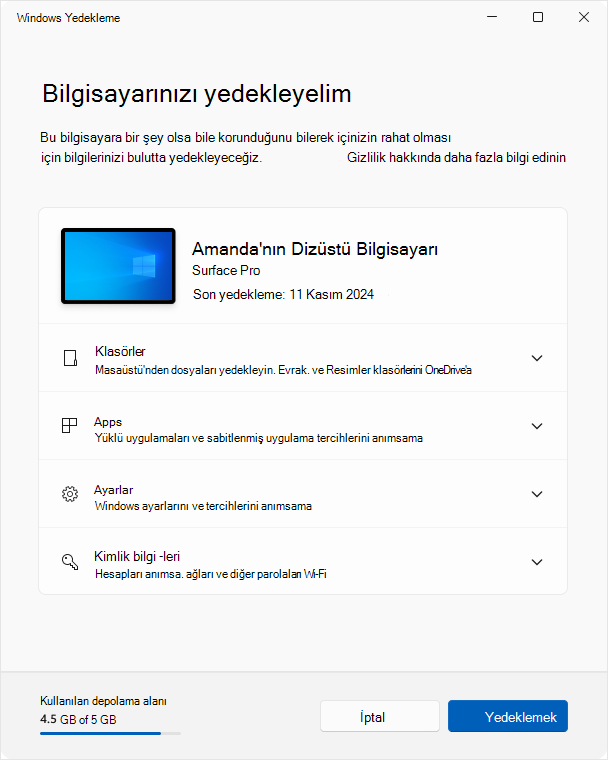 Windows 10'daki Windows Yedekleme ekran görüntüsü.