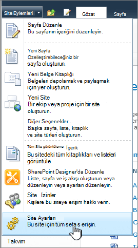 Site eylemleri menüsünde site ayarları