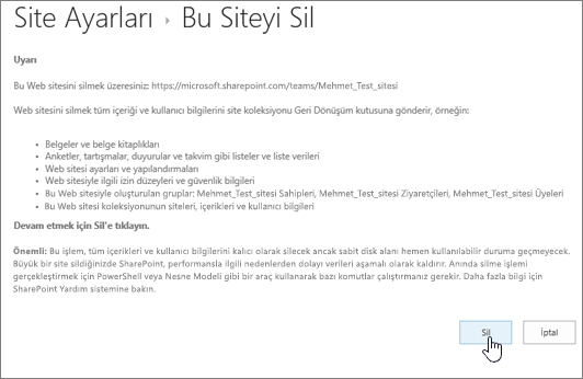 Siteyi silme uyarısı ve onay ekranı