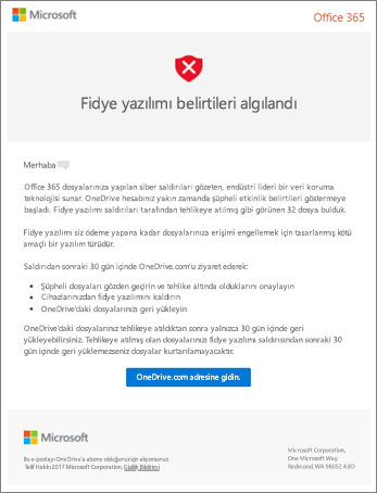 Microsoft'tan Fidye Yazılımı Algılama e-postasının ekran görüntüsü
