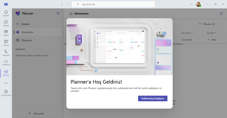 Teams’de Planner’a nasıl erişileceğini gösteren ekran görüntüsü.