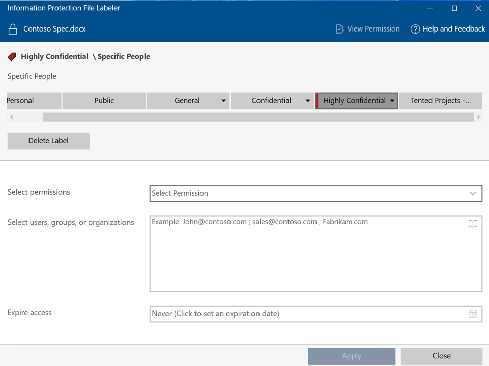 Microsoft Purview Bilgi Koruması Dosya Etiketleyicisi'Microsoft Purview Bilgi Koruması kullanarak özel izinlerle duyarlılık etiketi uygulama