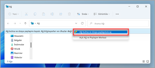 Windows 11'deki Ağ bölmesinin Ağ ve Dosya Paylaşımı istemi.