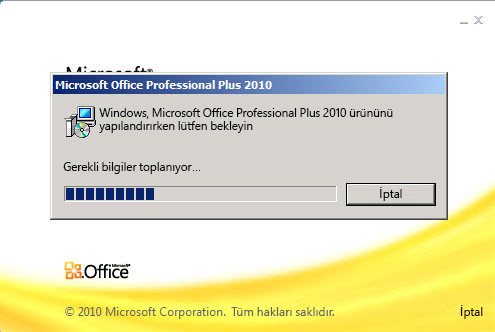 Microsoft Office Professional Plus 2010 Yapılandırma İlerlemesi iletişim kutusu