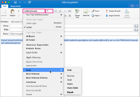Mac için Outlook’ta yazı tipi ve yazı tipi boyutu seçicileri