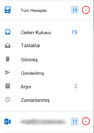 Açılan liste okları ekranın sağ tarafında daire içine alınmış şekilde Outlook klasörlerini gösterir.