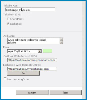 SharePoint 'teki Takvim yer paylaşımı iletişim kutusunun ekran görüntüsü. İletişim kutusunda takvim adı, takvim türü (Exchange) gösterilir ve Outlook Web Access ve Exchange Web Access için URL 'Ler sunulur.