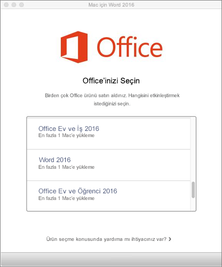 Office Mac 2016 lisans türünü seçin