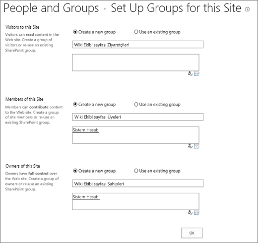 Site için grupları ayarlama iletişim kutusu