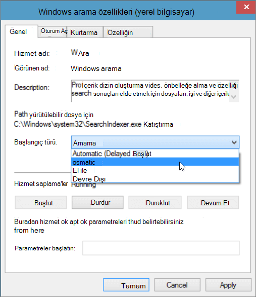 Başlangıç türü Windows Otomatik seçili ayarını gösteren Arama Özellikleri iletişim kutusunun ekran görüntüsü.