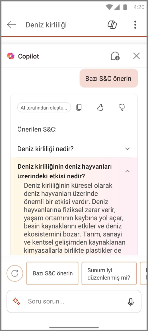 Android üzerinde PowerPoint'te Sorular ve Cevaplar Öner isteminin sonuçlarıyla Birlikte Copilot'un ekran görüntüsü