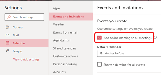 Tüm toplantılara çevrimiçi toplantı ekle'yi seçin
