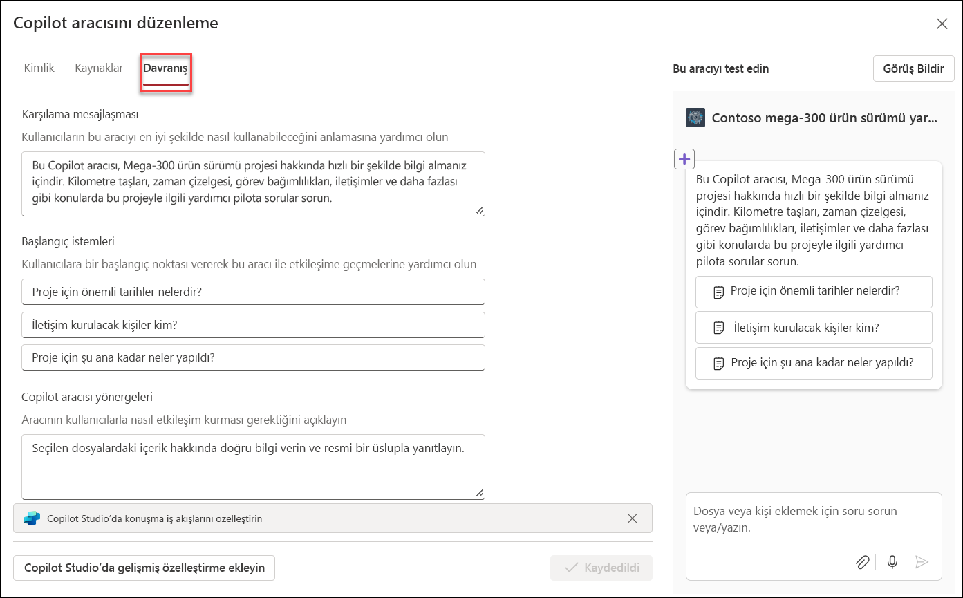 Copilot aracısı davranışını düzenleme ekran görüntüsü