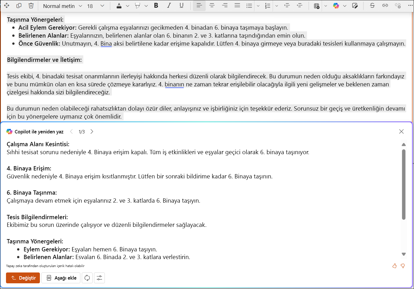 uzun bir metin için Sharepoint tarafından önerilen düzenlemelerin ekran görüntüsü.