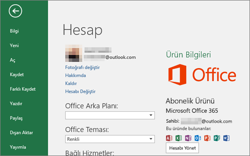 Office’le ilişkilendirilmiş Microsoft hesabı, Office uygulamasının Hesap penceresinde görüntülenir
