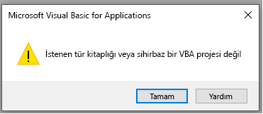 Uygulamalar için Microsoft Visual Basic penceresindeki hatanın ekran görüntüsü