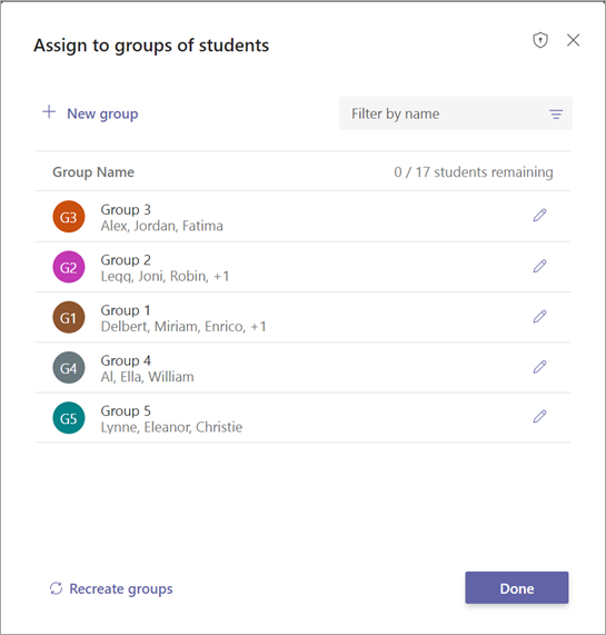 Onaylama veya düzenleme seçeneklerini içeren öğrenci grupları listesi