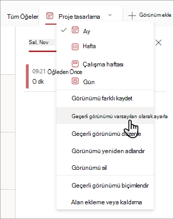 Listeler'da Geçerli görünümü varsayılan olarak ayarla komutunun nasıl seçileceğini gösteren ekran görüntüsü.