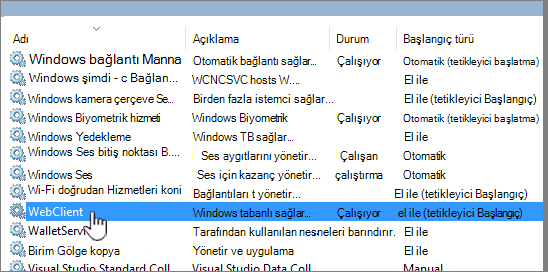 WebClient'ın vurgulu olduğu Services.msc