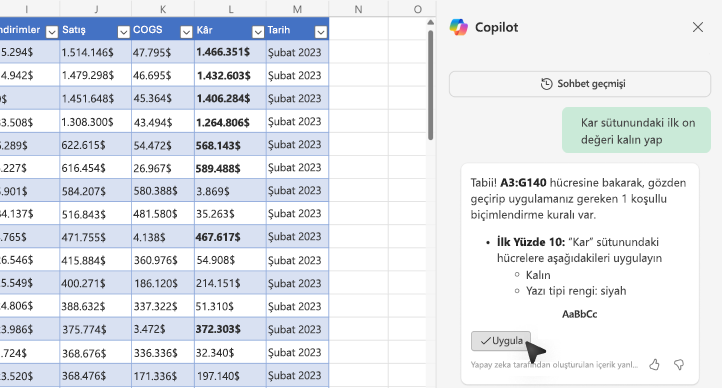 Excel’de Copilot’u kullanarak değerleri kalınlaştırmayı gösteren ekran görüntüsü.