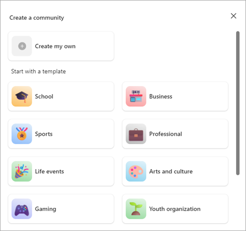 Microsoft Teams'deki Topluluklar'da (ücretsiz) şablonla veya şablon olmadan topluluk oluşturma düğmelerinin ekran görüntüsü.