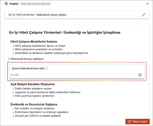 PowerPoint Copilot kullanılırken eklenen konunun açıklamasının girildiği konumun ekran görüntüsü.