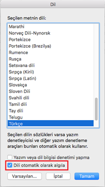 Mac için Outlook 2016 Dili Otomatik Olarak Algılama ayarı