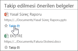 Office 365'te Takip Edilen Belgeler listenize eklemek için, önerilen belgelerden herhangi birinin altındaki Takip Et’i seçin.