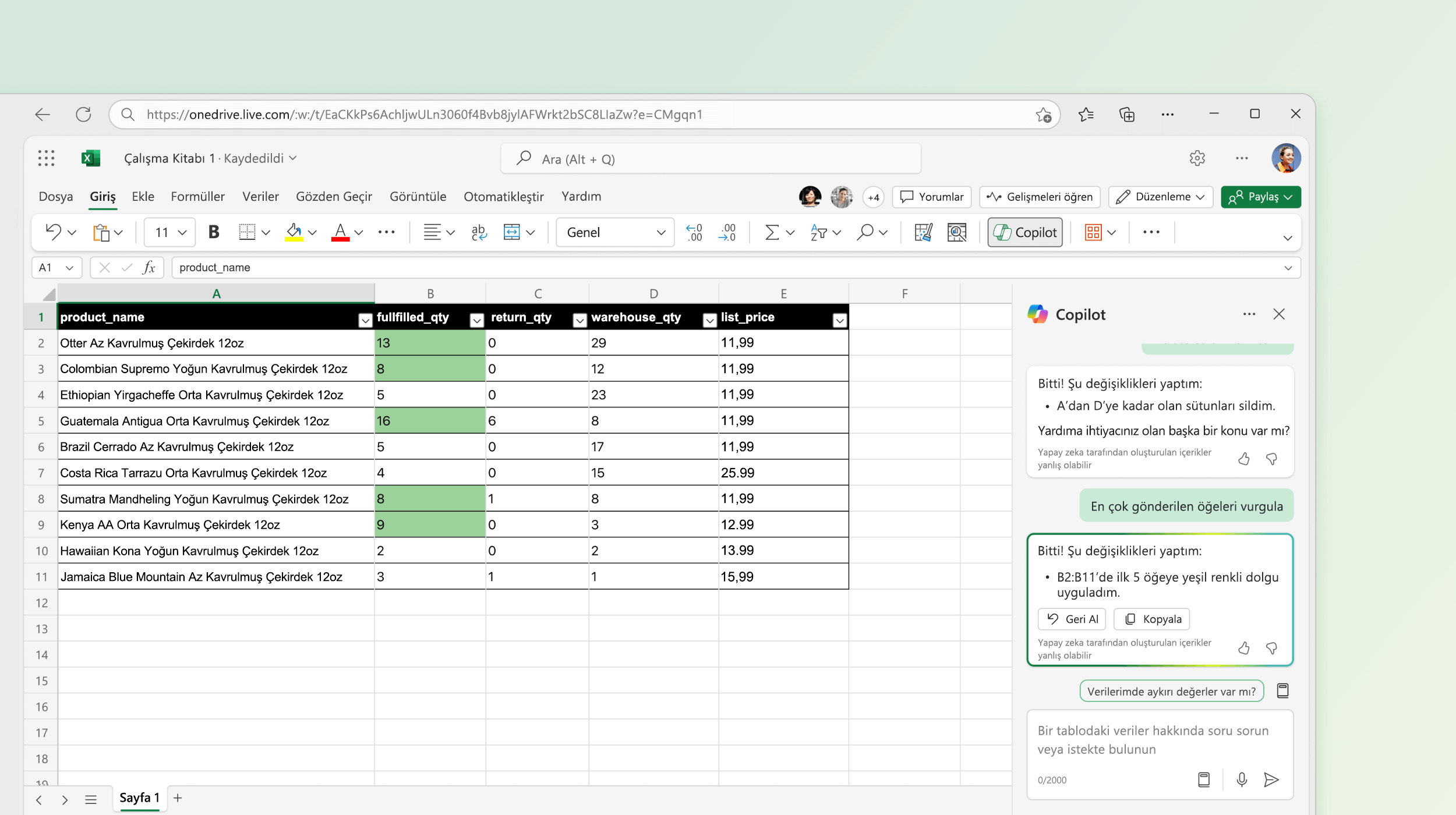 Excel'de Copilot'ın mevcut verilerde değişiklik yaptığını gösteren ekran görüntüsü.