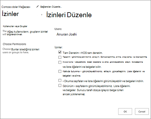 İzinler iletişim kutusunda permisison düzeylerini değiştirme