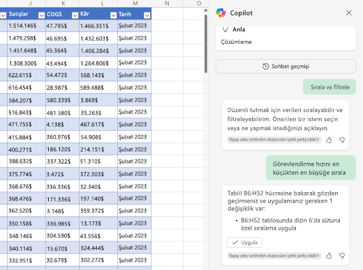 Excel’de Copilot’u kullanarak verileri sıralamayı gösteren ekran görüntüsü.