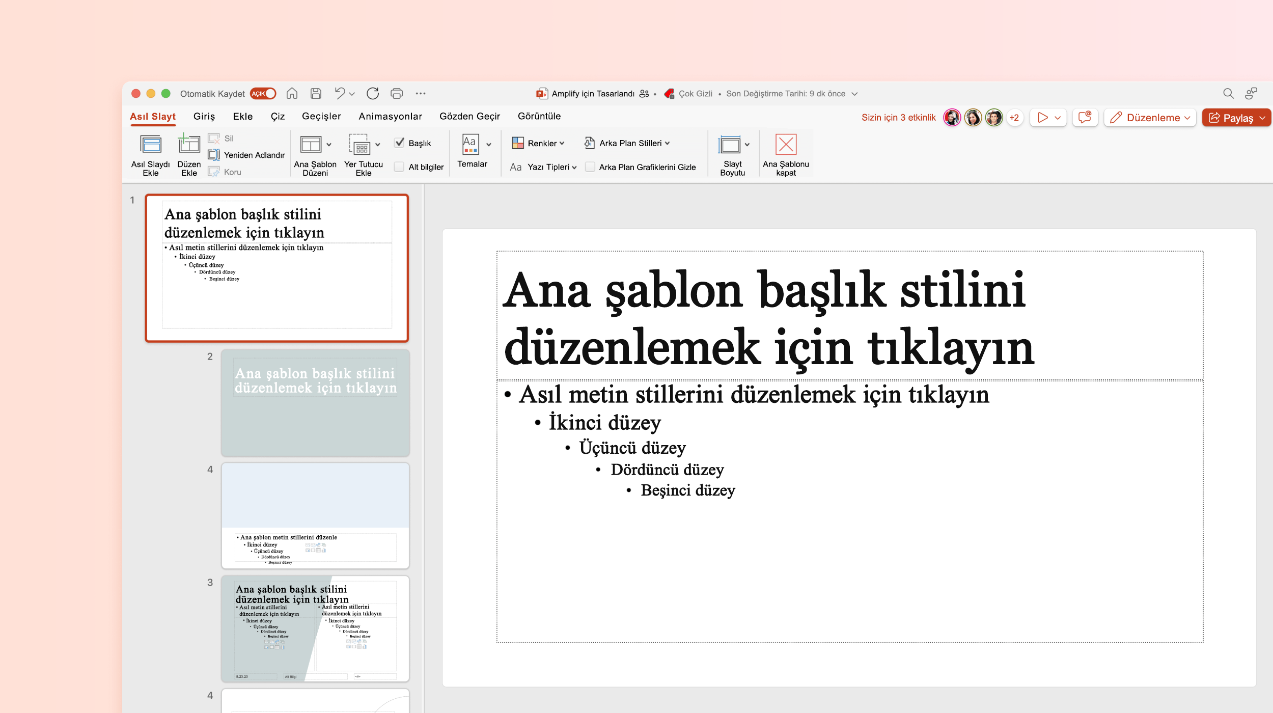 PowerPoint'te Silde Master şablonunu gösteren ekran görüntüsü.