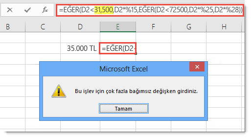 Değere virgül eklediğinizde gösterilen Excel iletisi