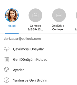 iOS üzerinde OneDrive'da hesaplar arasında geçiş yapma işleminin ekran görüntüsü