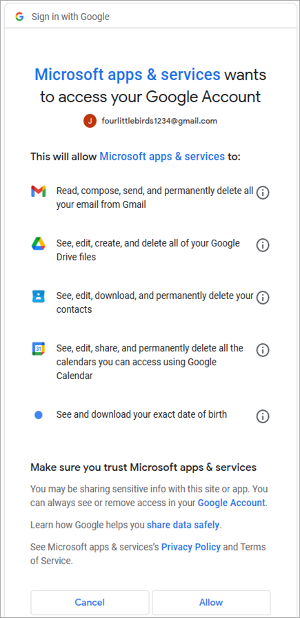 Google hesabı izinleri penceresini gösteren ekran görüntüsü