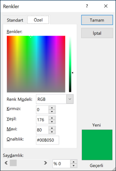 Office uygulamalarında renk seçici. RGB alanlarının altında Onaltılık renk değeri girmek için yeni bir alan vardır.