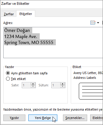 Zarflar ve Etiketler iletişim kutusunda Adres kutusunun içeriğini güncelleştirin ve sonra Yeni Belge’yi seçin.