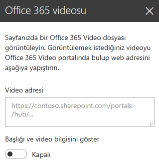 SharePoint’te Office 365 video adresi iletişim kutusunun ekran görüntüsü.