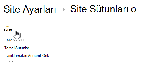 Site sütunları sayfasındaki oluştur düğmesi