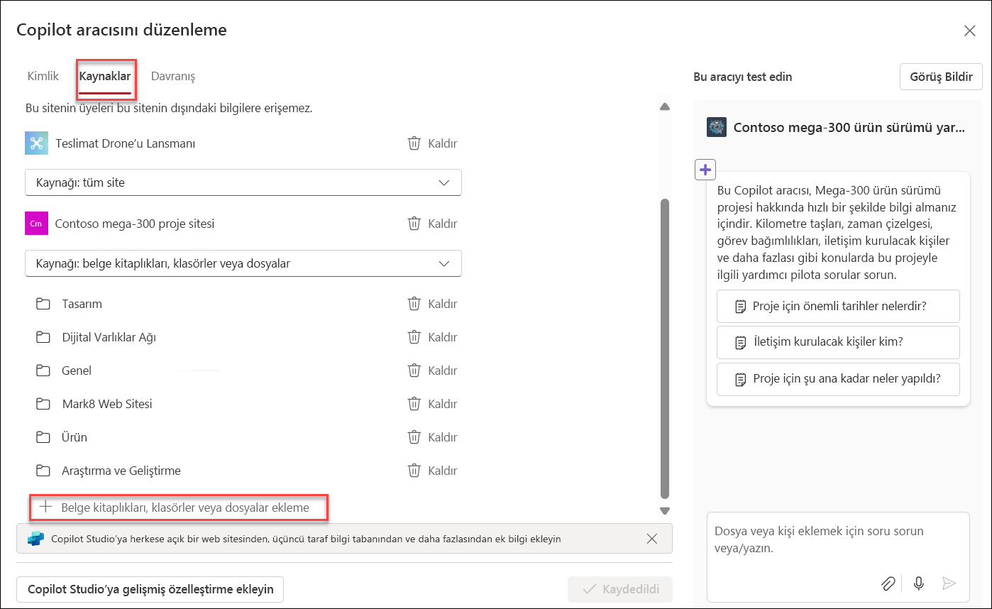 Copilot aracısına bilgi kaynakları ekleme ekran görüntüsü