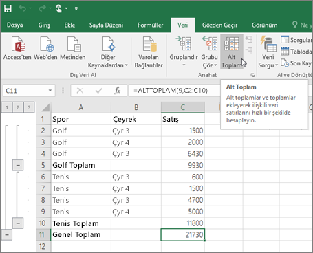 Excel Verilerinize alt toplam satırı eklemek için Veri sekmesinde Alt Toplam'a tıklayın