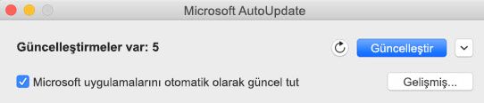 Güncelleştirmeler varken Microsoft AutoUpdate penceresi.