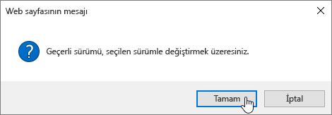 Tamam'ın seçili olduğu Sürüm Geri Yükleme onayla iletişim kutusu